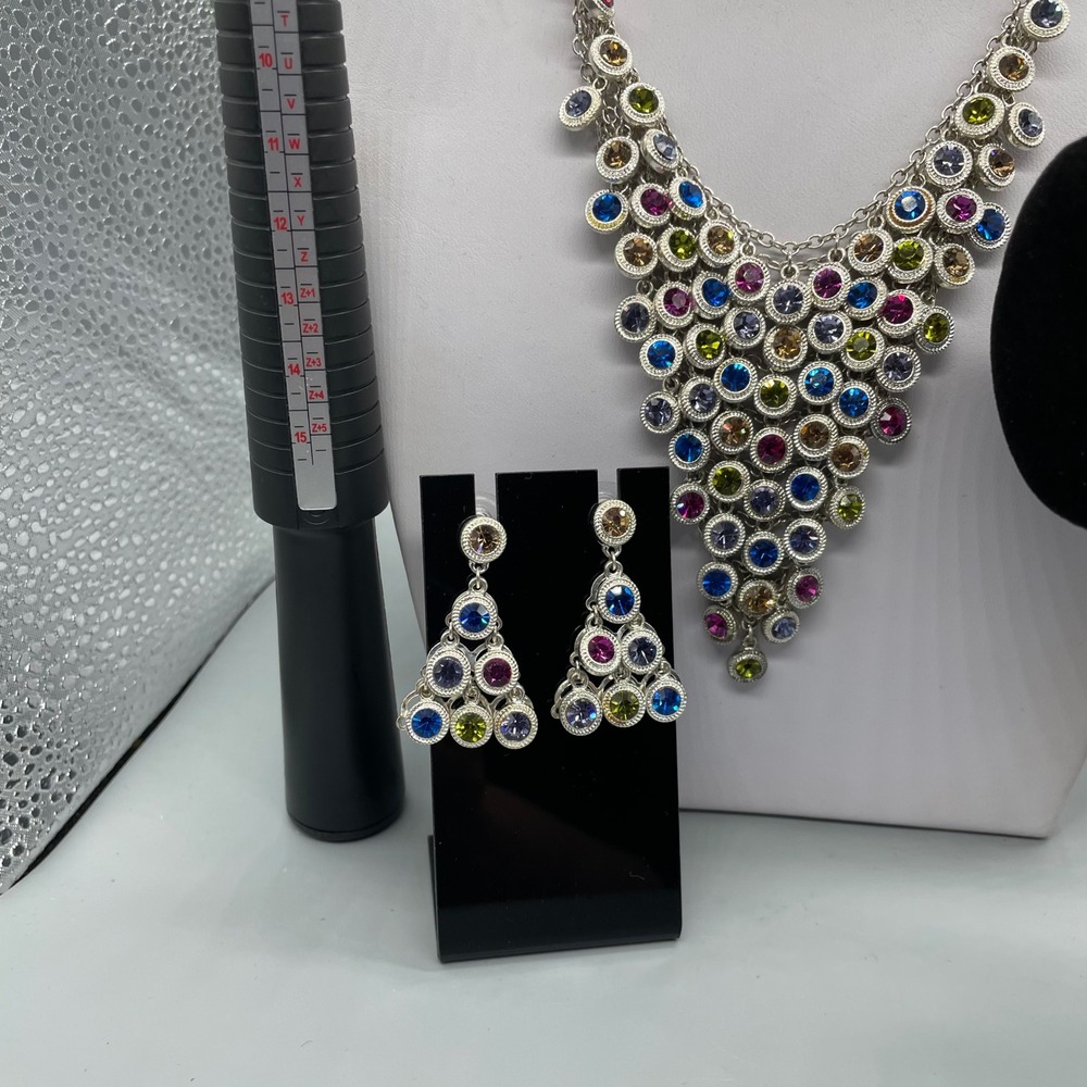 Multi Color Rhinestone Silver Tone Statement Jewelry Set Necklace Bracelet Ring - Picture 4 of 14